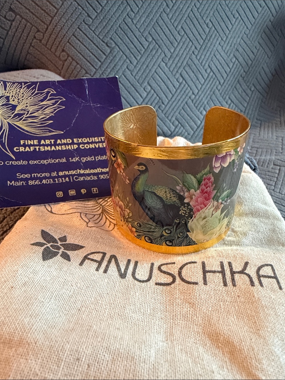 Anuschka Gold Peacock Floral Cuff Bracelet - Green & Pink